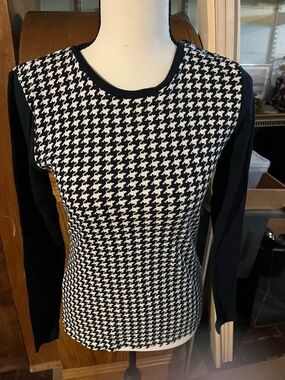 Ralph Lauren Black and White Houndstooth Long-Sleeve Top